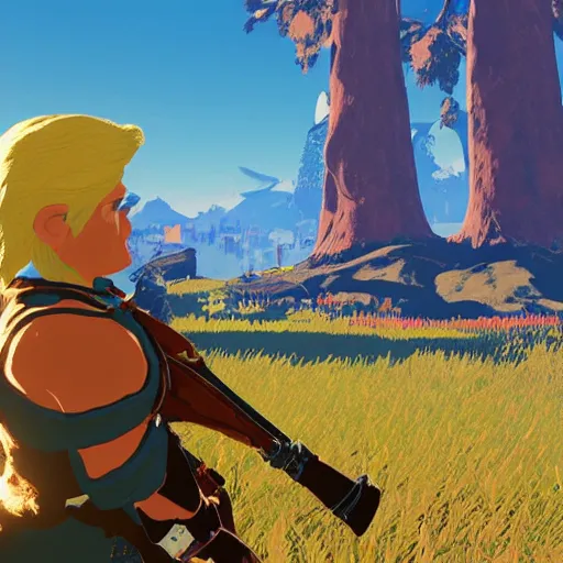 Prompt: in-game-screenshot of Donald Trump in Breath of the Wild, 4k, dramatic lighting
