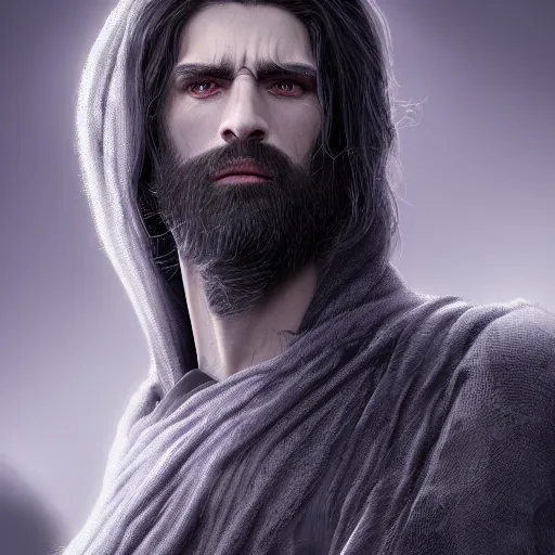 Prompt: a highly detailed portrait of a man with purple eyes, light gray long hair, beardless, wearing a black cloak, artstation, DeviantArt, professional, octane render