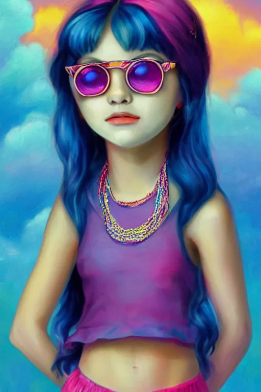 Image similar to matte sharp painting cute little girl hippy denim bellbottom bead necklace, painted by mark rydel artstation behance storybook lisa frank