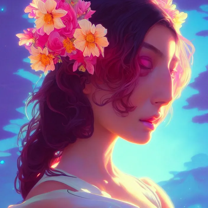 Image similar to young beautiful woman, gorgeous face, vaporwave aesthetic, synthwave, colorful, psychedelic, artstation, flowers, bees, concept art, smooth, extremely sharp detail, finely tuned detail, 8 k, unreal engine 5, ultra sharp focus, illustration, art by artgerm and greg rutkowski and alphonse mucha