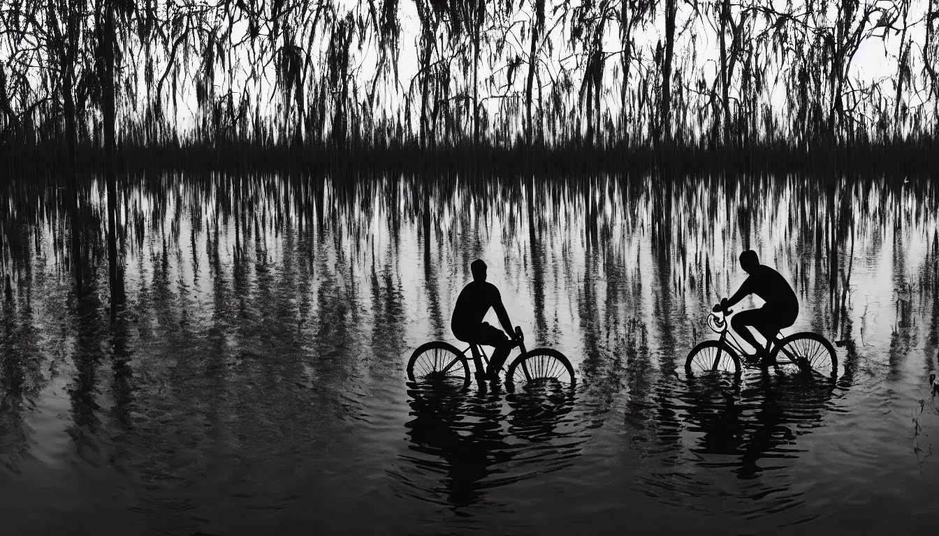 Prompt: silhouette of man riding a bike in flooded grassy swamps, wavy water, dark, atmospheric, scary,, ambient vibe, very detailed, 8 k