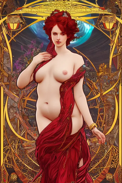 Image similar to a full body tarot card of the red haired curvy empress of eternity, space, universe, portrait, highly detailed, deep focus, elegant, digital painting, smooth, sharp focus, illustration, ultra realistic, 8 k, art by artgerm and alphonse mucha