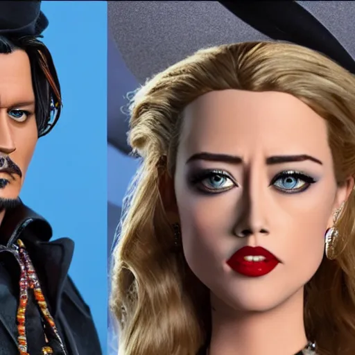 Image similar to UHD Amber Heard and Johnny Depp rolling in brown blobs, recreated in robot chicken