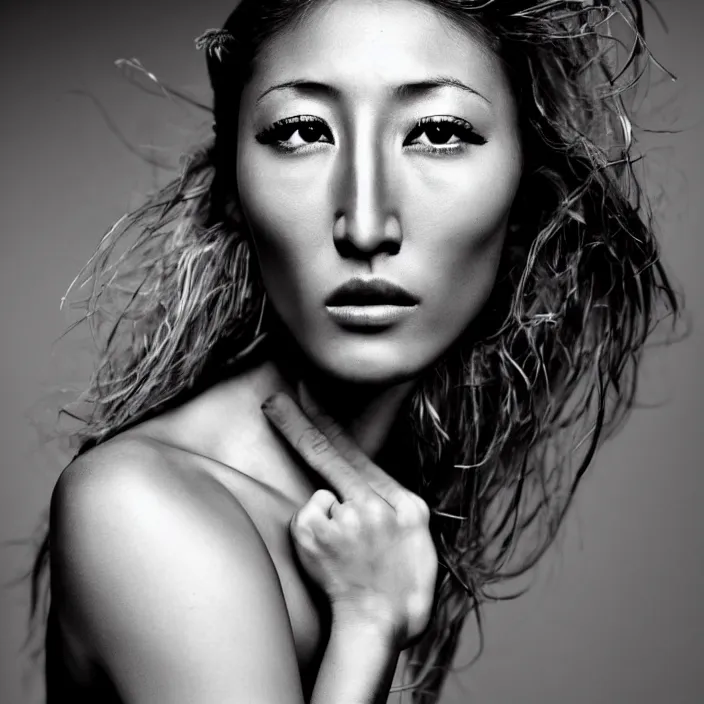 Prompt: young beautiful woman dichen lachman, gorgeous face, black and white photography portrait, skin grain detail, high fashion, full - body, 8 k,, ultra sharp focus, tropical background, photography by richard avedon, and paolo roversi and nick knight, and hellmut newton, victoria siemer, kirsty mitchell, laura zalenga
