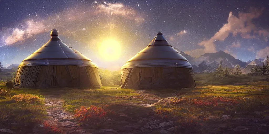 Prompt: science fiction high-tech yurt, beautiful fantasy landscape with depth-of-field