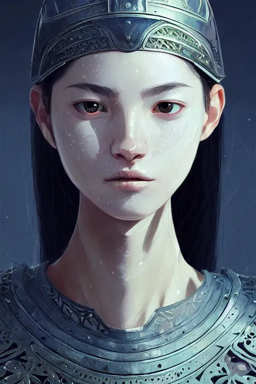 Prompt: female warrior, lovely delicate face, sophisticated armor, close - up shots of faces, oil painting, passion, bravery, intricate armour costumes, light and shadow effects, intricate, digital painting, art station, concept art, cold tones, sharp focus, morandi color scheme, sharply shaped, illustration, art by makoto shinkai and lois van baarle
