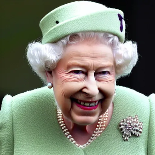 Prompt: A photo of the Queen from the side with mouth wide open