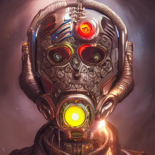 Prompt: low angle shot of a cyberpunk gazmask multicolored robot character, intricate, elegant, highly detailed, centered, digital painting, artstation, concept art, smooth, sharp focus, illustration, artgerm, Tomasz Alen Kopera, Peter Mohrbacher, donato giancola, Joseph Christian Leyendecker, WLOP, Boris Vallejo