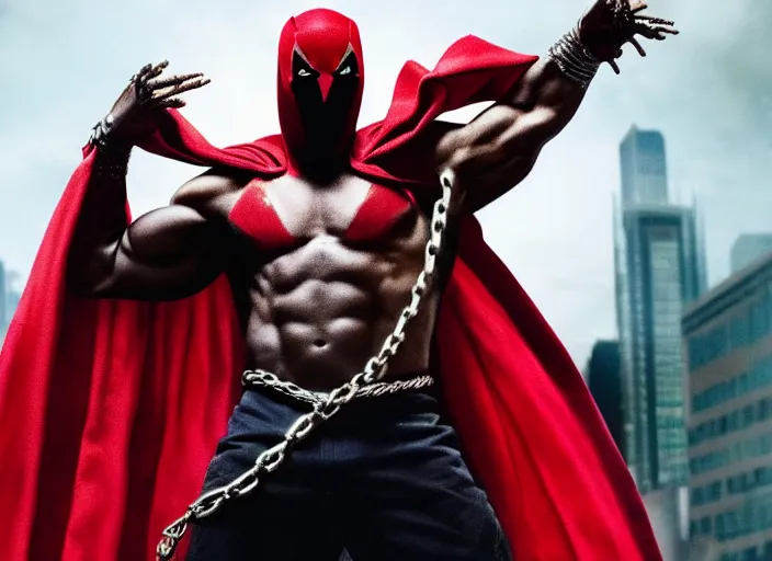 Image similar to film still of michael b jordan as spawn in the new spawn movie, giant chains, large cape, 8 k