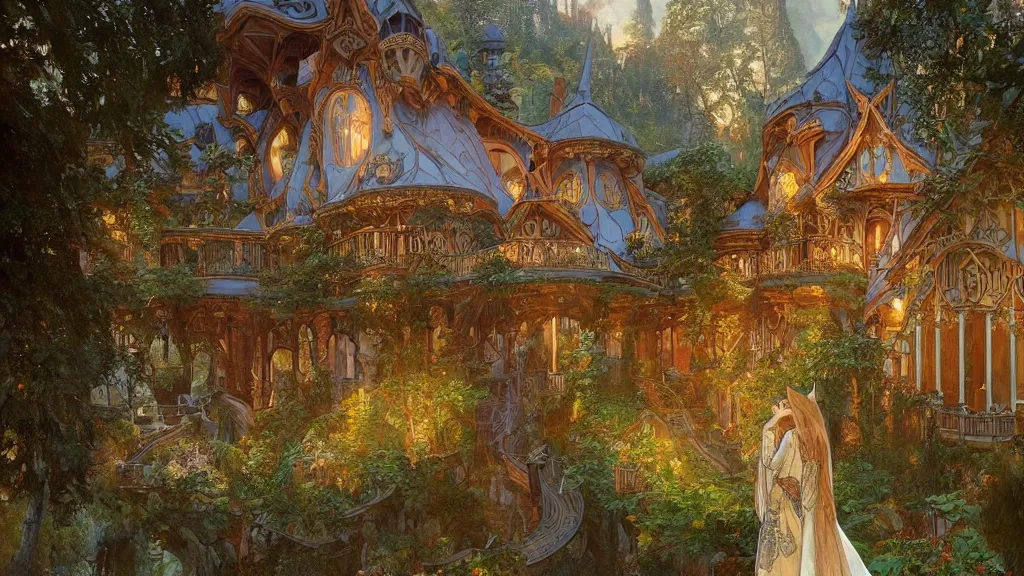 Prompt: a beautiful painting of art nouveau swiss chalet elven rivendell at sunrise, with an elven girl looking out from her balcony, intricate, elegant, highly detailed, digital painting, artstation, concept art, by krenz cushart and artem demura and alphonse mucha