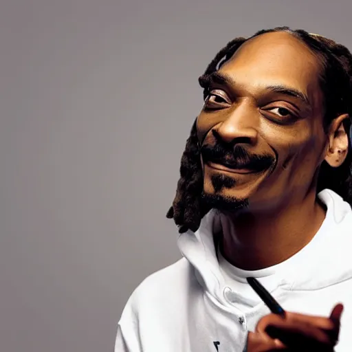 Image similar to Snoop Dog with big eyes eye color red , smiling and holding a joint in his hand