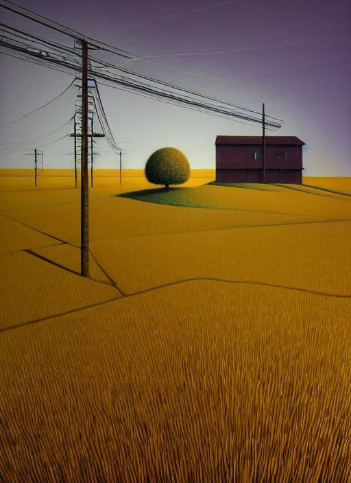 Image similar to hyper detailed 3d render like a Oil painting - the lonely living room, light and shadow, yellow wheat fields and electric poles outside, by Jacek Yerka, Mariusz Lewandowski, Houdini algorithmic generative render, Abstract brush strokes, Masterpiece, Edward Hopper and James Gilleard, Zdzislaw Beksinski, Mark Ryden, Wolfgang Lettl, hints of Yayoi Kasuma, octane render, 8k