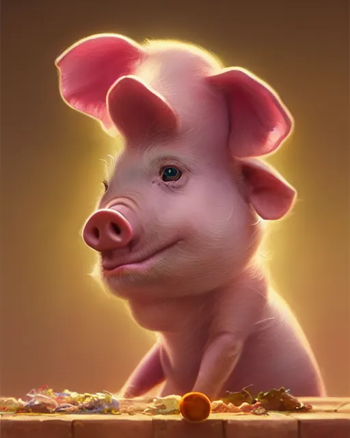 Image similar to highly detailed vfx portrait of a cute little piglet with a magician outfit, unreal engine, greg rutkowski, loish, rhads, beeple, makoto shinkai and lois van baarle, ilya kuvshinov, rossdraws, tom bagshaw, alphonse mucha, global illumination, detailed and intricate environment