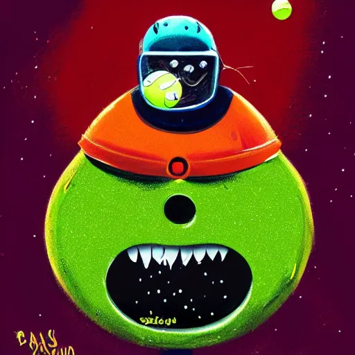 Image similar to a tennis ball monster, tennis ball, dark, chalky, astronaut, digital art, fantasy, magic, trending on artstation, ultra detailed, professional illustration by Basil Gogos