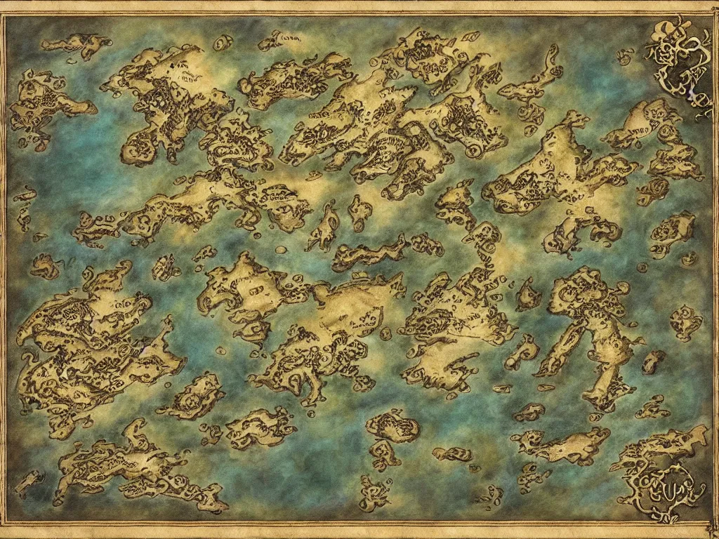 Image similar to simple fantasy map, the land of Odrua, several continents, world of Lute, by JRR Tolkien and Brian Froud, Vatican Map Room, fantasy concept painting, Magic The Gathering Art, trending on art station, showing kingdoms, oceans, continents, vast seas, open plains, baroque frame border