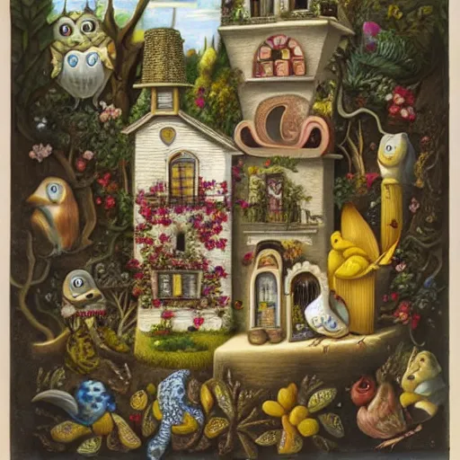 Image similar to a house with a tower, owl, birds, cheese, lowbrow in the style of mark ryden and gioseppo arcimboldo,