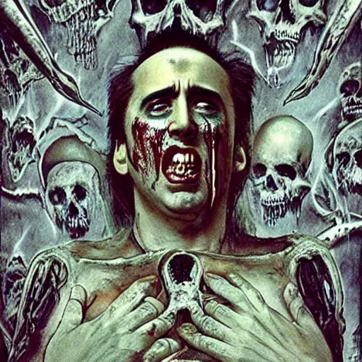 Image similar to Nicolas Cage as the putrescent lord of decay crying tears of blood, perched upon a throne diseased alien skulls, bizarre, cinematic, Eastman 5384 film