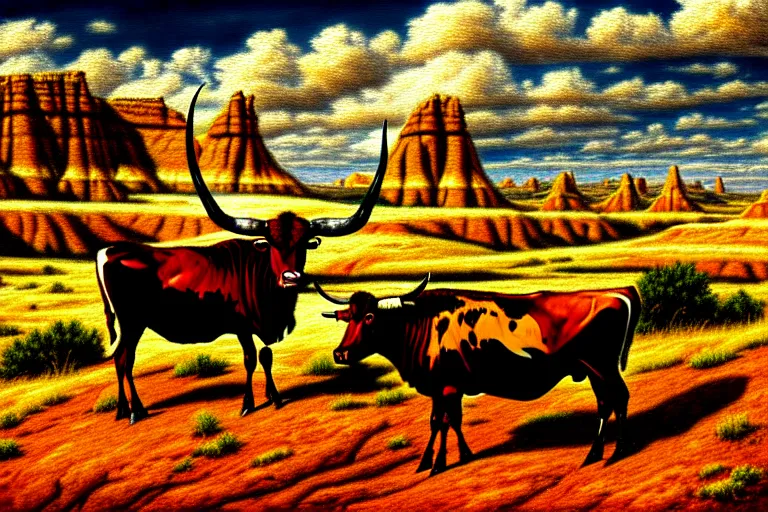 Image similar to a oil panting of a longhorn steer on a bluff in utah badlands, in the style of johfra bosschart, digital painting, extremely moody, highly detailed, sharp focus, illustration, key visual, unreal engine