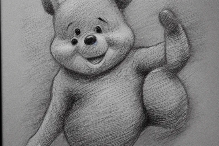 Image similar to winnie the pooh, pencil sketch, high detail, hyper realistic,