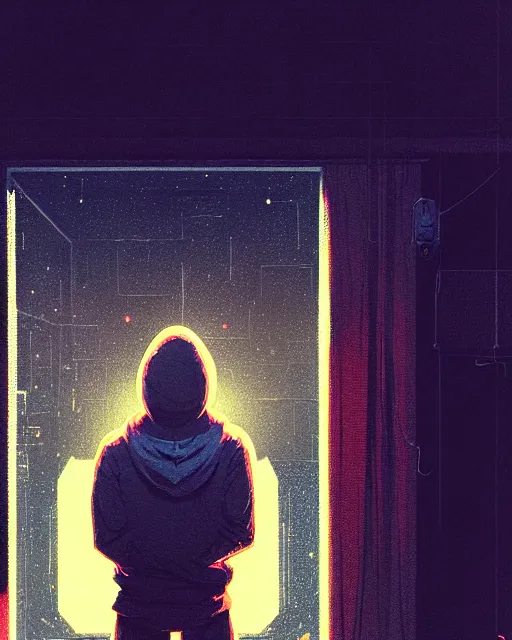 Prompt: hyper - realistic portrait of a man in a hoodie, performing, view from inside the stage, intricate, 4 k, by atey ghailan, by greg rutkowski, by greg tocchini, by james gilleard, by joe fenton, by kaethe butcher, dynamic lighting, lighting color scheme, sharp focus, grunge aesthetic