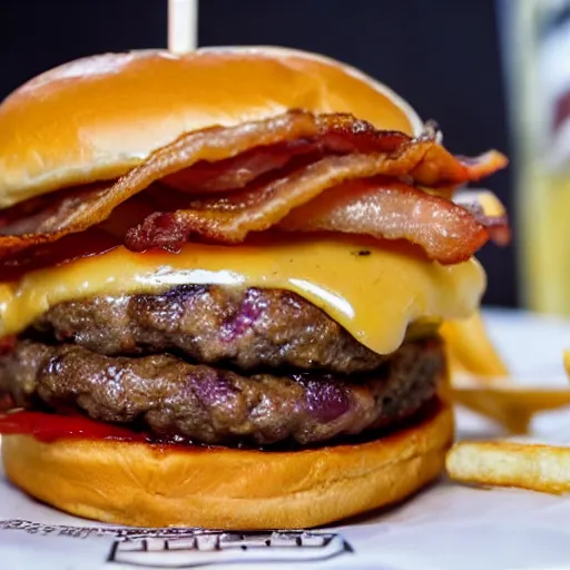 Prompt: close up of a juicy, bacon cheeseburger, with a side of French fries