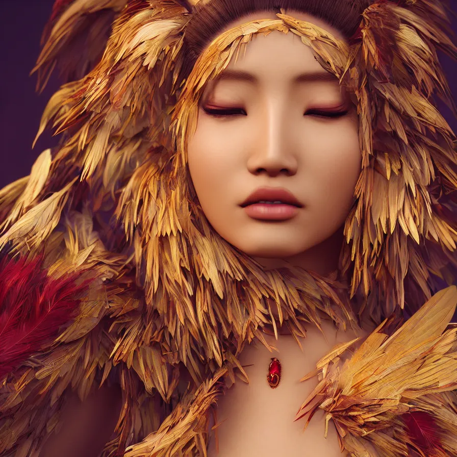 Image similar to closeup photoshoot of single asian goddess of bliss and honey, feathers hair, silk flowing in wind, totemic ritualistic tarot sigils embedded in ruby skin, photoreal, unreal engine, redshift render, trending on artstation