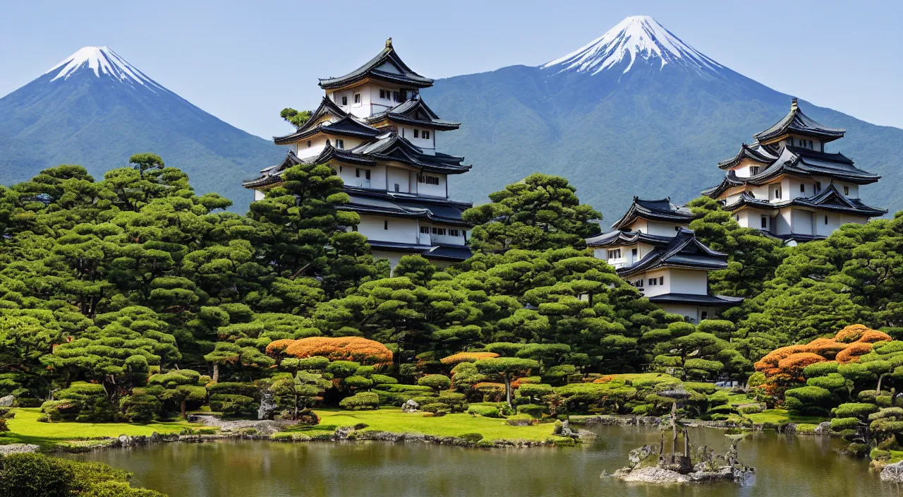 Image similar to a Japanese castle, with a garden as foreground, with mountains as background