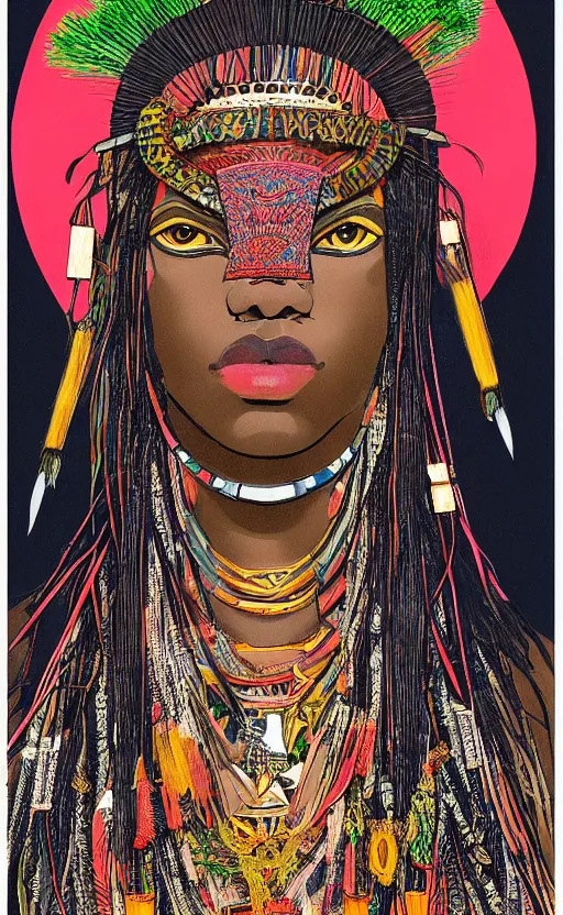 Prompt: upper half portrait of retro futuristic african tribal chief - embellished with vegetation and iridescent crystals, art by utagawa kunisada, highly detailed, digital painting, concept art, illustration, sharp focus, intricate, symmetry, artstation, colourful,