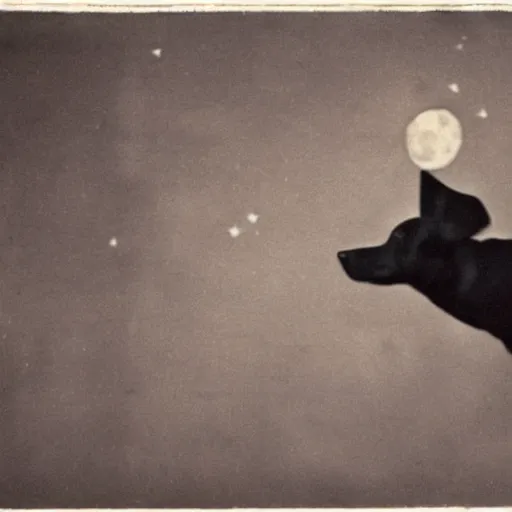 Image similar to a blurry 1 9 0 0 s photograph of a black dog flying in the night sky, moonlight,