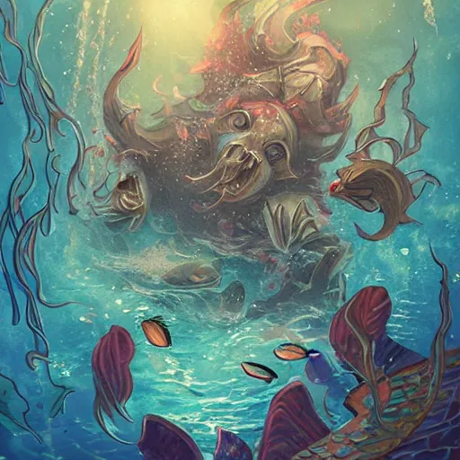 Image similar to underwater scene, d & d style, trending on artstation, colorful, intricate, art by aurore folny