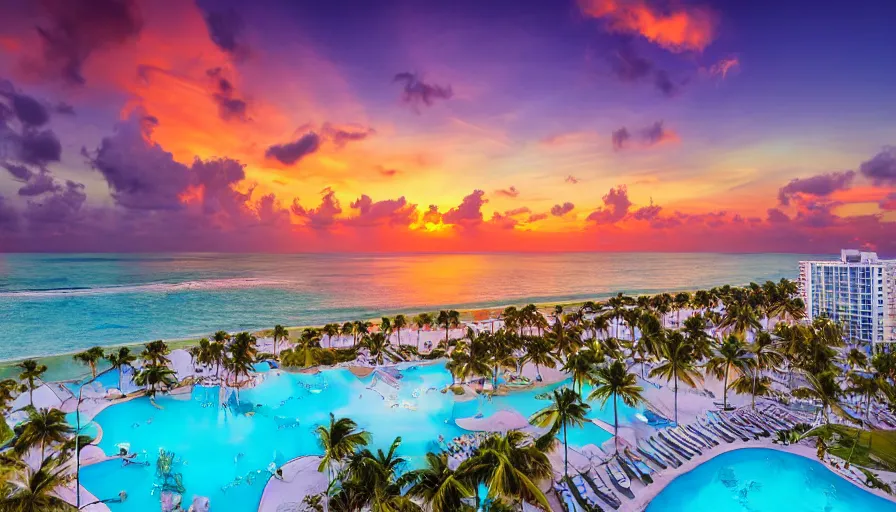 Image similar to miami hotels, unreal engine, digital art, drone photography, sunset, sharp focus, beach, vivid color, clear sky