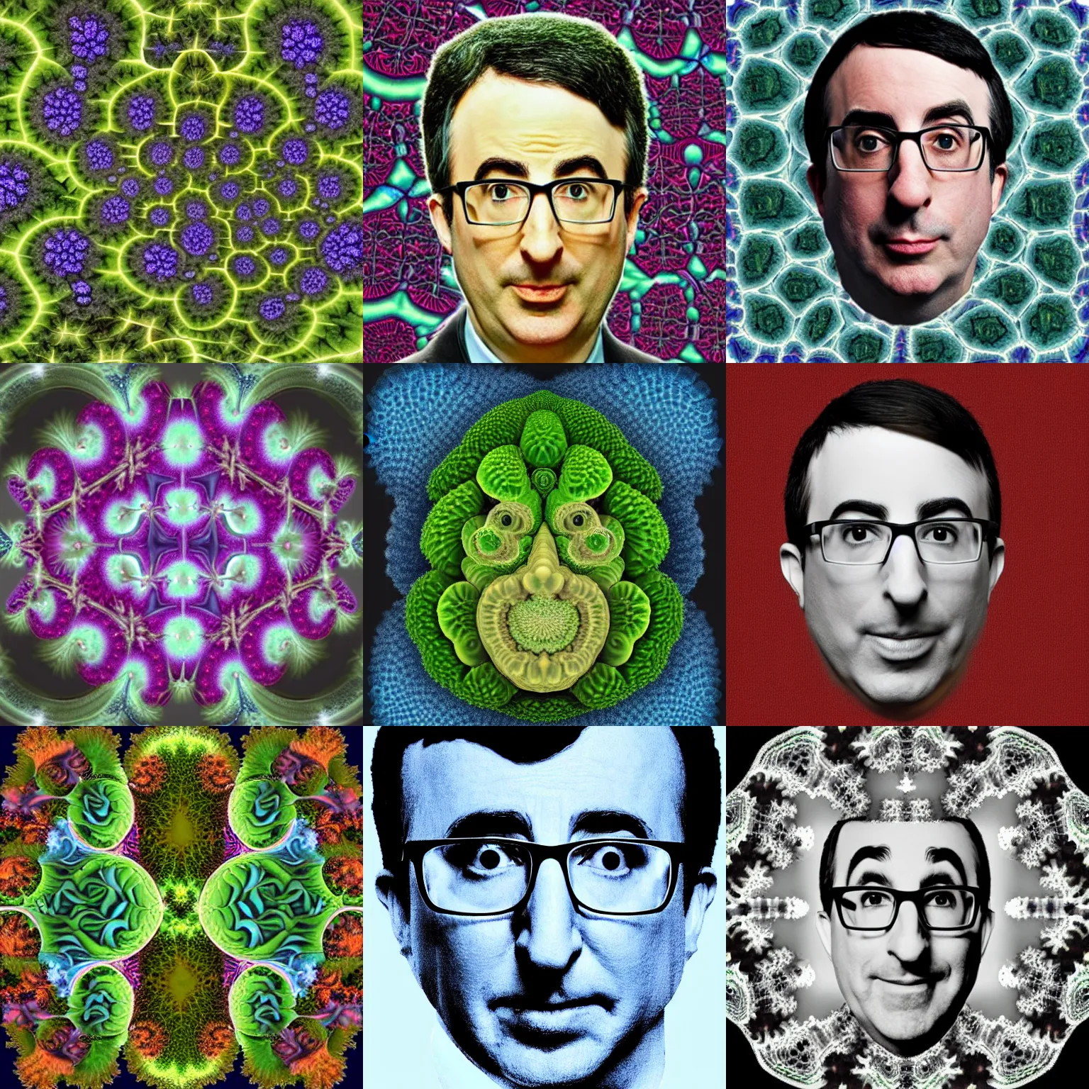 Prompt: an intricate assymetric mandelbrot fractal of john oliver faces and cabbages