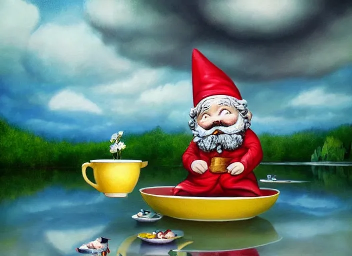 Image similar to a garden gnome sailing in a teacup, whimsical background of a reflective pond on a sunny day with dramatic clouds, an ultrafine detailed painting by mark ryden, trending on deviantart, pop surrealism, whimsical, lowbrow, joyous