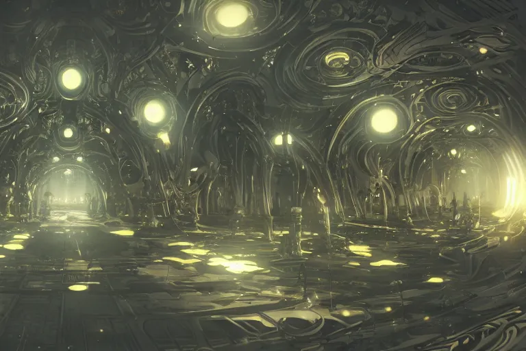 Image similar to nier automata concept scenery. antiinfinity gold trim. antimirror pixiv scenery art. antibiomechanical nier automata. anticeramic antiextension. infinitely detailed. luminous! light! magic!