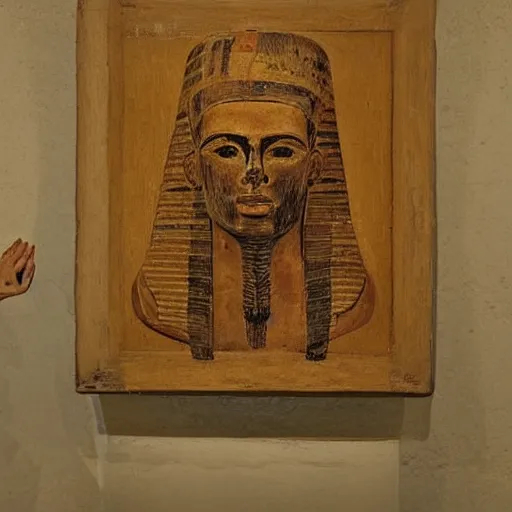 Image similar to a man using a computer, artwork fayum portrait, mummy portrait, from egypt, from luxor, on wood
