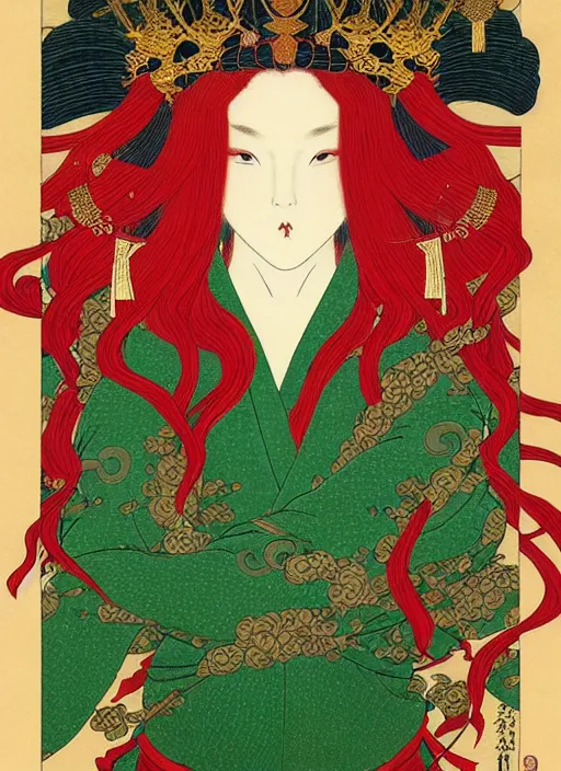 Image similar to a beautiful ukiyo - e portrait of a beautiful elven queen with long red hair, wearing green, red and gold ornate dress, golden intricate crown. detailed symmetrical close up portrait, intricate complexity, concept art, by takato yamamoto, wlop, krenz cushart. cinematic dramatic atmosphere, sharp focus