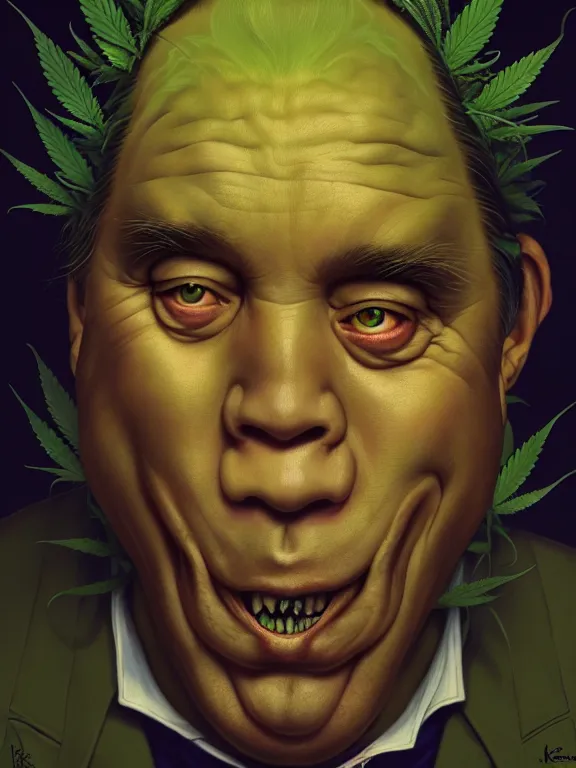 Image similar to a portrait of a cannabis devil premier francois legault illustrated by miyazaki by karol bak, james jean, tom bagshaw, rococo, sharp focus, trending on artstation, cinematic lighting, hyper realism, octane render, 8 k, hyper detailed, vivid, ultra detailed, highly detailed