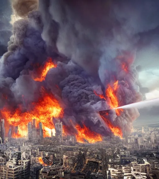 Image similar to Powerful giant destroying city, everything in fire, realistic photo, high detailed