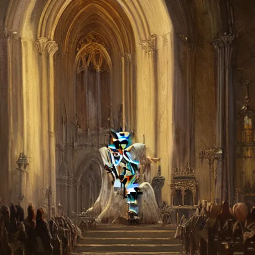 Image similar to Human skeleton, majesty in noble clothes, king resting on a throne inside a cathedral, old castle, oil painting, by Fernanda Suarez and Greg Rutkowski