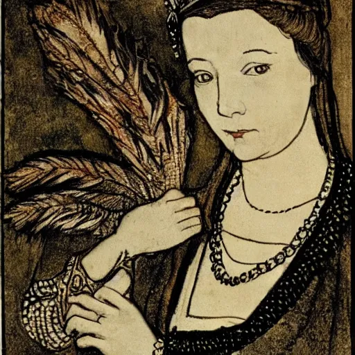 Image similar to Anne Boleyn transforming into a bird, avian, feathers, she is sad, in the style of Arthur Rackham