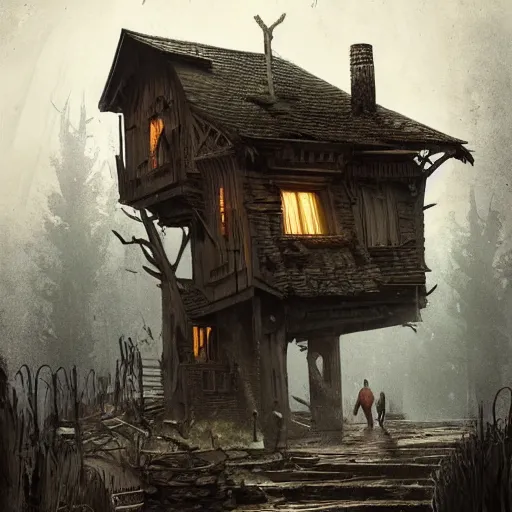 Image similar to two husbands leave each other inside broken wooden house, detailed intricate ink illustration, dark atmosphere, detailed illustration, hd, 4k, digital art, overdetailed art, concept art, by greg rutkowski, by loish, complementing colors, Trending on artstation, deviantart