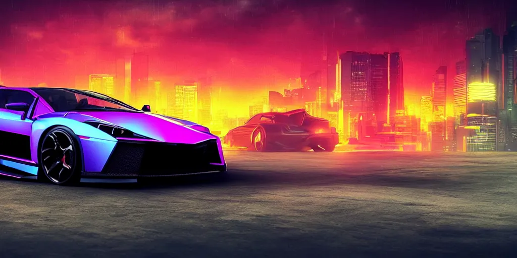 Prompt: cyberpunk lamborgini car, sunset as background, retrowave synth