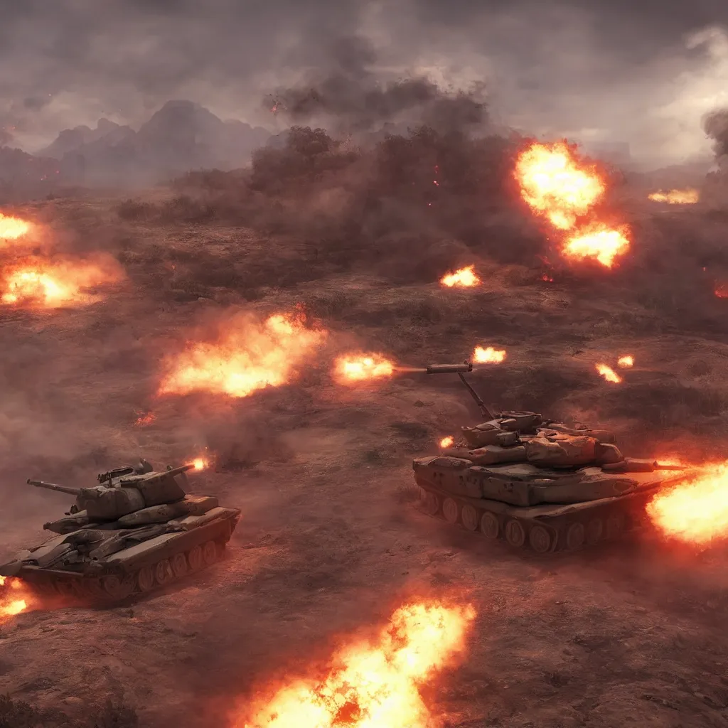 Prompt: tank on the battlefield, highly realistic, high detail, fiery explosion, wispy smoke, wide shot, unreal engine