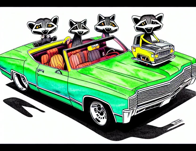 Prompt: cute and funny, racoon riding in a 1 9 6 9 chevrolet impala with oversized engine, ratfink style by ed roth, centered award winning watercolor pen illustration, isometric illustration by chihiro iwasaki, edited by range murata, tiny details by artgerm and watercolor girl, symmetrically isometrically centered