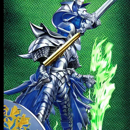 Image similar to fantasy knight behind the wheel of a green hatchback, blue armor, golden sword, dragon attacking with fire, Yusuke Murata