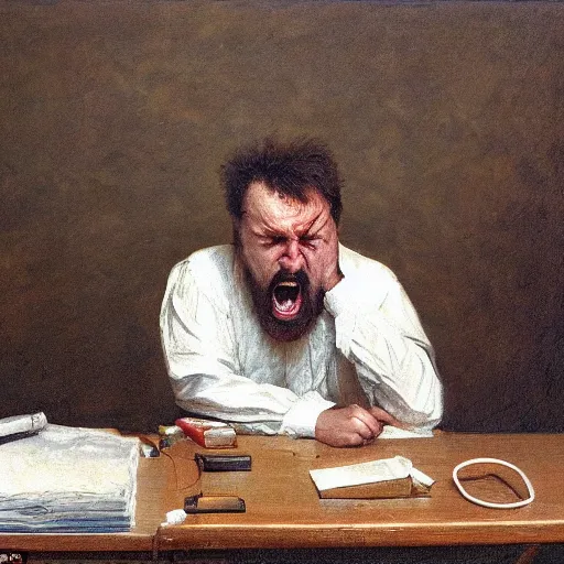 Image similar to an angry man yells at his computer monitor, oil on canvas, 1 8 8 3, highly detailed