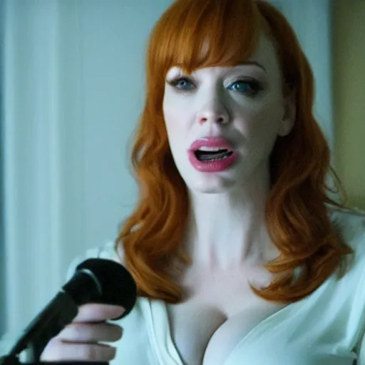 Image similar to amazing beautiful Christina Hendricks with mouth wide open in the living room, film still from the movie directed by Denis Villeneuve , wide lens