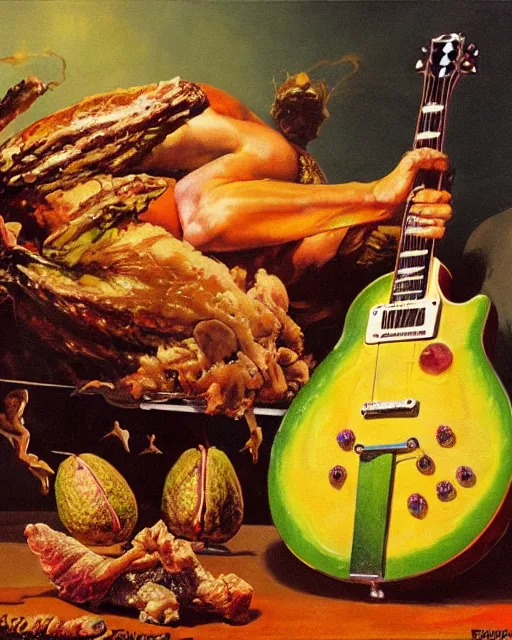 Prompt: Nikocado Avocado ripping a solo on a Gibson Les Paul in front of a mountain of deep fried turkey legs, heavy metal artwork by Frank Frazetta