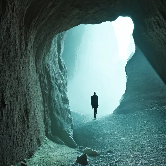 Prompt: portrait of a humanoid alien walking trough a beautiful cave, rotateZ(50deg)