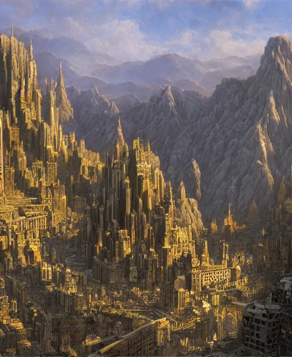 Image similar to a matte painting of a great city carved into the side of a mountain by ted nasmith